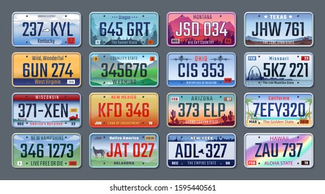 Car plates. Vehicle license numbers of different American states and countries, truck registration numbers. Vector set road transport metal signs