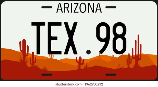 Car plates. Vehicle license numbers of different American states. Arizona Texas Vector set road transport metal signs Vintage print for tee shirt graphics, sticker and poster design.