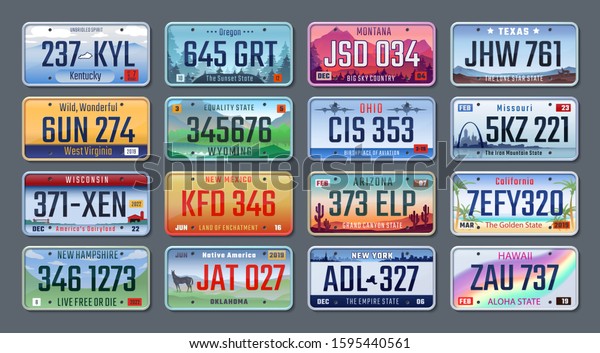 Car plates. Vehicle license numbers of\
different American states and countries, truck registration\
numbers. Vector set road transport metal\
signs