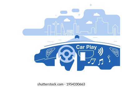 Car Play.Dashboard And Driver.Hands Driving On The Highway. Drive Safely Warning Billboard.Flat Vector Illustration.Music In The Auto.Voice Assistant.Road Travel.