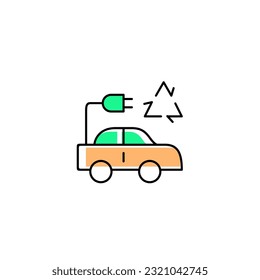 Car and plug with cycle. Vector line color icon green and orange with green eco energy theme