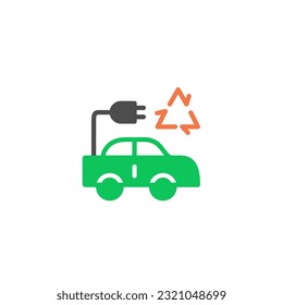 Car and plug with cycle. Vector solid color icon green and orange with green eco energy theme