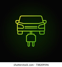 Car with plug green line icon. Vector electric car concept line symbol or logo element on dark background