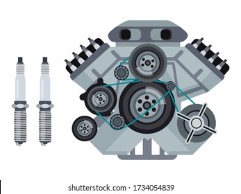 Car plug and internal combustion engine with valve, alternator belt set. Automotive repair part isolated on white background. Complete overhaul motor repair. Automobile scheduled maintenance