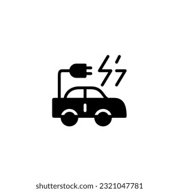 Car and plug with thunder electric. Vector solid icon black and white with green eco energy theme