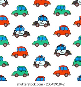 Auto, Polizeiwagen nahtlose Cartoons Muster einzeln auf weißem Hintergrund. Vektorgrafik für Kinder Wallpaper, Website, Umschlagpapier, Umschlag, Verpackung, Grußkarten, Textilien, saisonale Design.