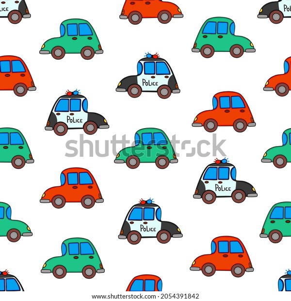 car, police car seamless cartoon pattern isolated\
on white background. Vector illusration for children wallpapers,\
web site, wrapping paper, cover, packaging, greeting cards,\
textile, seasonal design.