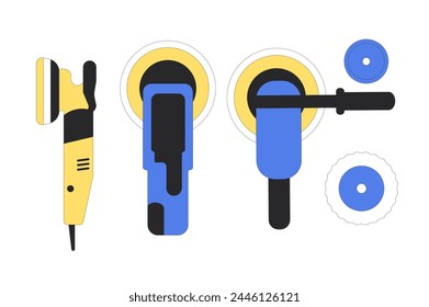 Car polisher machine and pads set. Repair auto equipment collection. Remove scratch on vehicle isolated on white background. Vector illustration of automobile service tools. svg