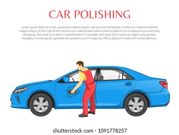 Car polishing poster and text sample with headline, worker holding sponge washing transport cleaning doors of vehicle, banner vector illustration