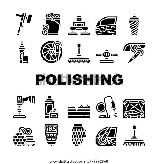 Car Polishing\
Tool Collection Icons Set Vector. Screwdriver With Different\
Attachment And Sponges For Car Polishing Body Details And Glass\
Glyph Pictograms Black\
Illustrations