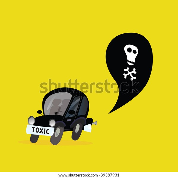Car Pollution. Isolated on yellow. Vector\
Illustration in vintage\
style.