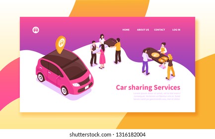Car pooling service isometric horizontal banner on colorful background with people sharing vehicle 3d vector illustration