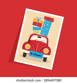 car postcard red with present retro