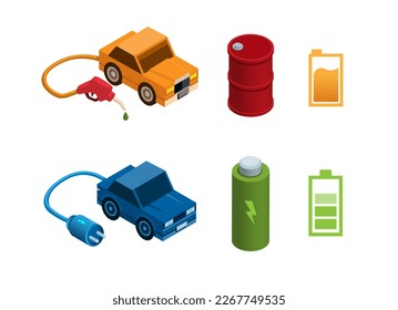 car powered gasoline and battery comparison symbol object isometric illustration vector