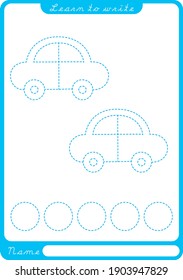 Auto. Vorschulblatt zum Üben von feinmotorischen Fähigkeiten - Nachverfolgung von gestrichenen Linien. Ablaufbegleiter  Illustration und Vektorgrafik - druckfertiges A4-Papier.