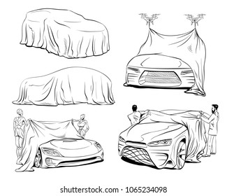 Car presentation by robots of a new model covered with a cloth. Hand drawn sketch design. Vector illustration. 