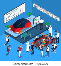 Car presentation isometric composition on blue background with orator near screen, audience and journalists vector illustration
