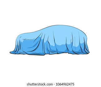 Car presentation of a new model is covered with a cloth. Hand drawn sketch design. Vector illustration. 