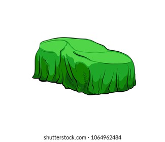Car presentation of a new model is covered with a cloth. Hand drawn sketch design. Vector illustration. 
