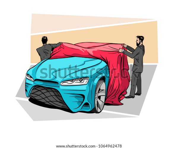 Car presentation of\
a new model is covered with a cloth. Hand drawn sketch design.\
Vector illustration. 