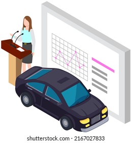 Car presentation with orator near screen. Woman presenter talks about new automobile and shows statistics. Exhibition, showroom of transport technology. Lady present vehicle with data on display