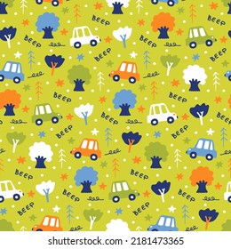 Car print for baby fabric. Transport in cartoon doodle style for kids seamless pattern. Bright green background. Hand drawn vehicle for infant product design. Boys nursery wallpaper with car travel.