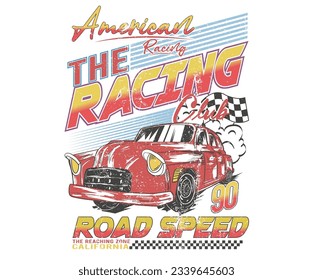 Diseño de impresión de coches para la impresión de camisetas, afiche, pegatina, fondo y otros usos. Diseño de impresión vectorial de camisetas del club de carreras. Carreras americanas. 