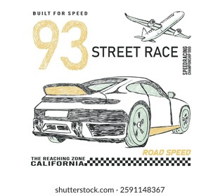 Car print design for t shirt print, poster, sticker, background and other uses. Racing club vector t-shirt print design. Speed way artwork. Street Racing club. 