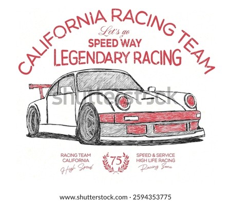 Car print design for t shirt print, poster, sticker, background and other uses. Racing club vector t-shirt print design. Speed way artwork. Street Racing club.