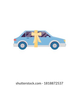 Car prize cartoon icon knotted with ribbon and bow, flat vector illustration isolated on white background. Automobile for sale or awarding winners in lottery.
