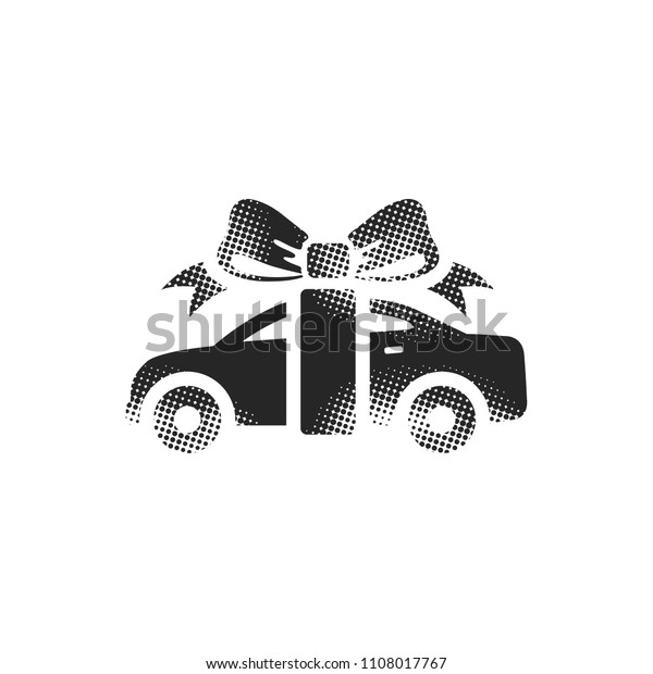 Car prize icon in halftone style. Black and\
white monochrome vector\
illustration.