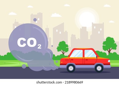 the car produces a large amount of exhaust gases. delusional substances CO2. flat vector illustration.