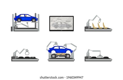 Car Production Assembly Line Process with Industrial Robots and Equipment Vector Set