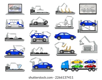 Proceso de línea de ensamblaje de producción de automóviles con Robots industriales y conjunto de vectores de equipo