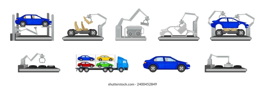 Car Production and Assembly Line Process with Industrial Robotic Arm and Equipment Vector Set