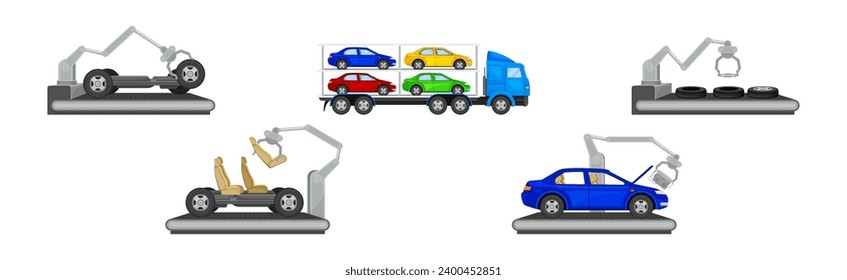 Car Production and Assembly Line Process with Industrial Robotic Arm and Equipment Vector Set