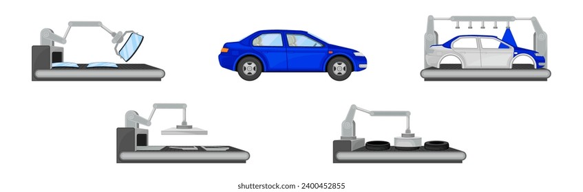 Car Production and Assembly Line Process with Industrial Robotic Arm and Equipment Vector Set
