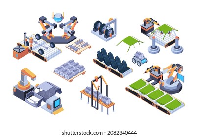 Car Production. Automation Robotics Automobile Manufacture Processing Smart Robotic Services Garish Vector Isometric Illustrations