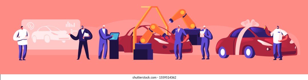 Car Production Concept. Engineer Designer Perform Automobile Project, Conveyor Automatic Assembly Line Machinery Industrial Automation Industry, Customer Buy New Auto. Cartoon Flat Vector Illustration