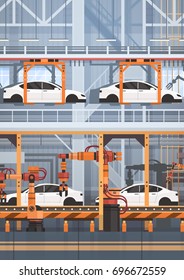 Car Production Conveyor Automatic Assembly Line Machinery Industrial Automation Industry Concept Flat Vector Illustration