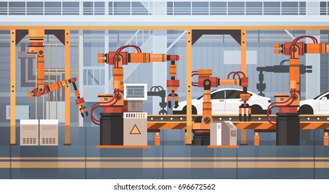 Car Production Conveyor Automatic Assembly Line Machinery Industrial Automation Industry Concept Flat Vector Illustration