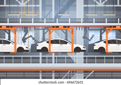 Car Production Conveyor Automatic Assembly Line Machinery Industrial Automation Industry Concept Flat Vector Illustration