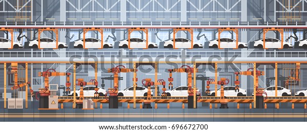 Car\
Production Conveyor Automatic Assembly Line Machinery Industrial\
Automation Industry Concept Flat Vector\
Illustration