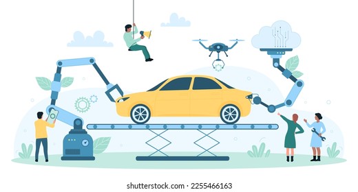 Car production in factory, automatic assembly of automobile on conveyor line vector illustration. Cartoon tiny people, drones and robot arms working together, installing vehicle parts and electronics