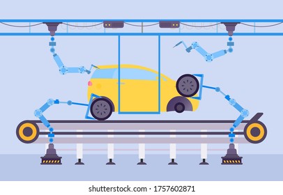 Car production factory concept vector Illustration. Automotive construction using cartoon robotic equipment. Mechanical hands assemble and weld metal parts automobile on conveyor plant.