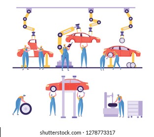 Car Production Factory Machinery Line Set. Automotive Industry Automatic Robotic Plant Design. Man Character Work At Industrial Tyre Fitting Equipment Conveyor Flat Cartoon Vector Illustration