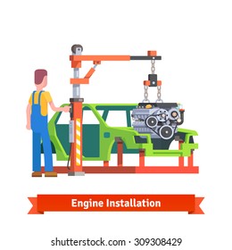 Car Production Line Or Repair Shop. Mechanic Is Installing New Engine On The Auto Body. Motor Overhaul. Flat Style Vector Illustration Isolated On White Background.