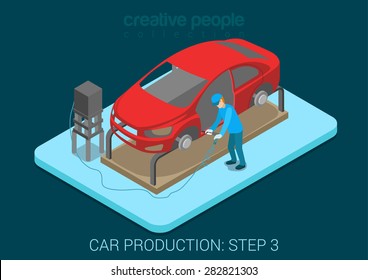 Car production plant process step 3 welding works flat 3d isometric infographic concept vector illustration. Factory worker with vehicle body weld door in assembly shop. Build creative people world.