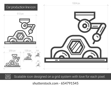 Icono de línea vectorial de producción de automóviles aislado en fondo blanco. Icono de línea de producción de automóviles para infografía, sitio web o aplicación. Icono escalable diseñado en un sistema de cuadrícula.
