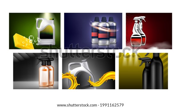 Car Products Creative Promotion Posters Set\
Vector. Engine Oil And Shampoo, Liquid Wax And Glass Cleaner Blank\
Bottles And Packages Products On Advertise Banners. Style Concept\
Template Illustrations